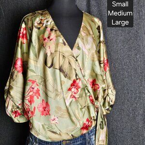 Sage and Floral Satin Wrap Top